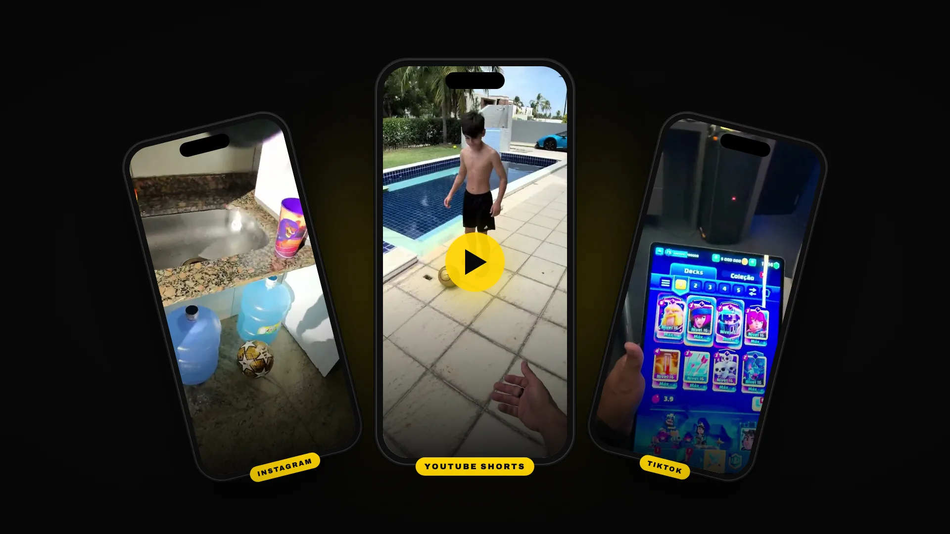 Três celulares com vídeos do Dinhutech